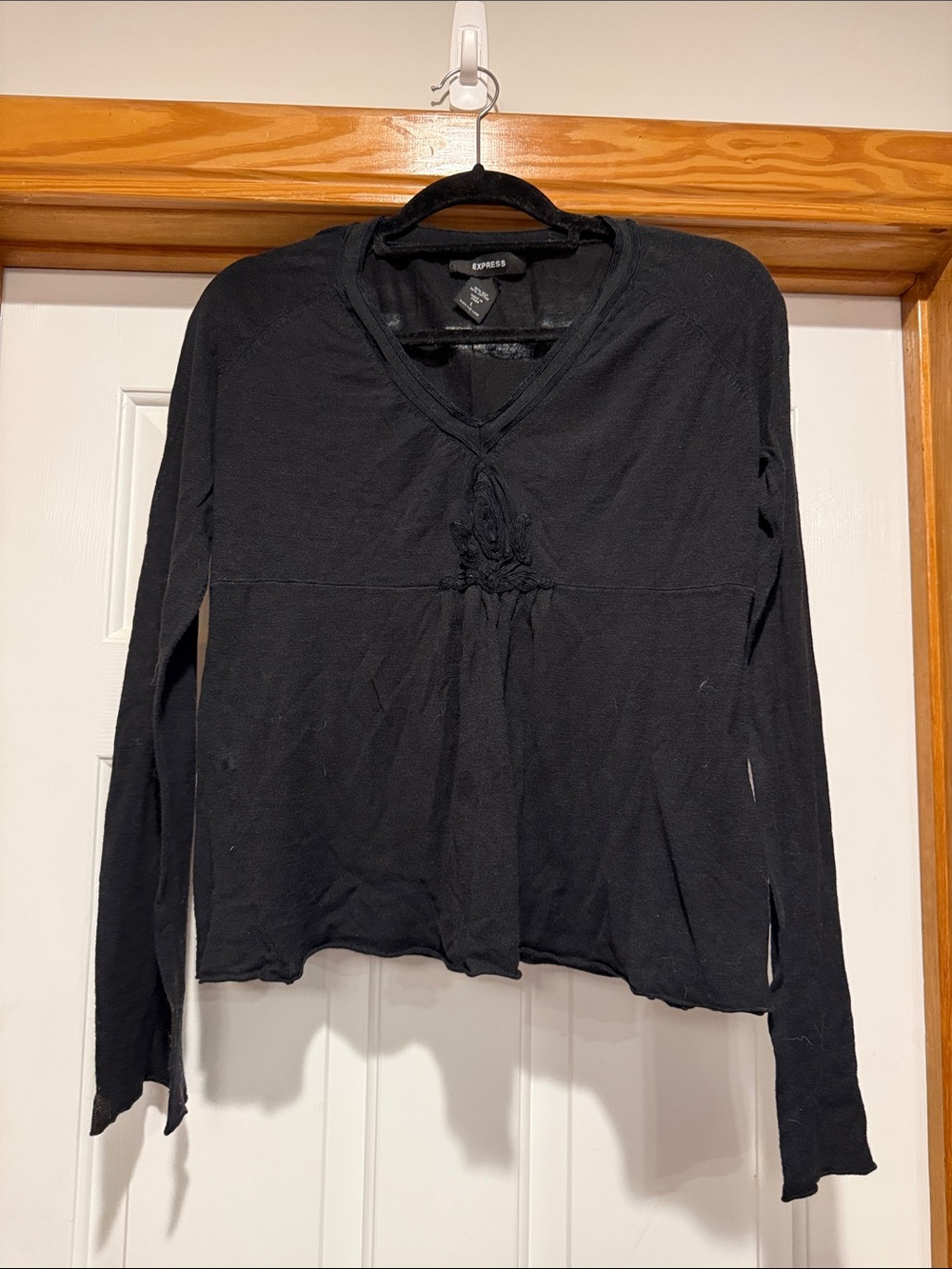 Express Black Long-Sleeve V-Neck Gathered Peplum Top